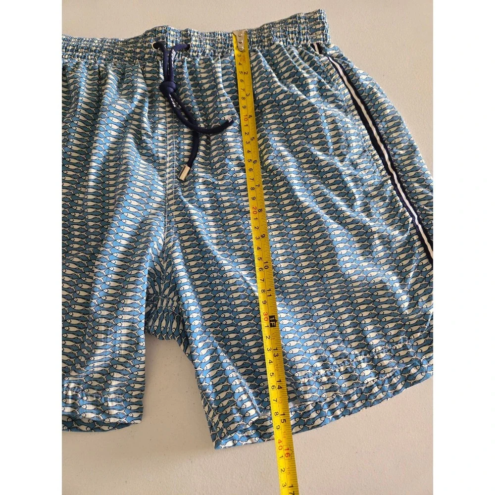 Boggi Milano Mens Blue Fish Print Swim Trunks Made in Italy Size M Mesh Lined‎